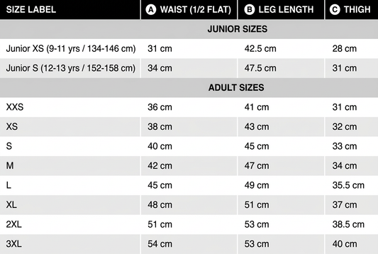 Organic shorts size chart with waist, leg length and thigh measurements in centimetres for junior XS and S and adult XXS to 3XL.