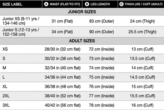 Joggers size chart for junior XS and S and adult XS to 3XL, showing waist, leg length and thigh or cuff measurements.