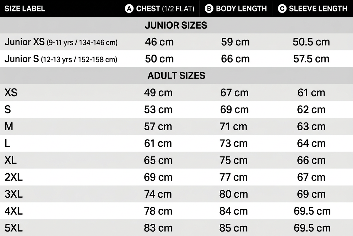 Hoodie size chart with chest, body length and sleeve measurements in centimetres for junior XS and S and adult XS to 5XL.