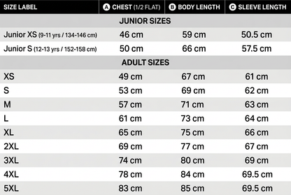 Hoodie size chart with chest, body length and sleeve measurements in centimetres for junior XS and S and adult XS to 5XL.