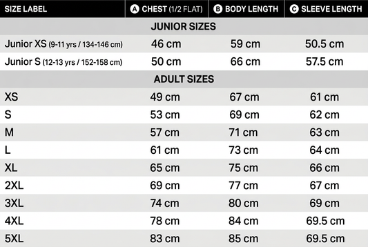 Hoodie size chart with chest, body length and sleeve measurements in centimetres for junior XS and S and adult XS to 5XL.