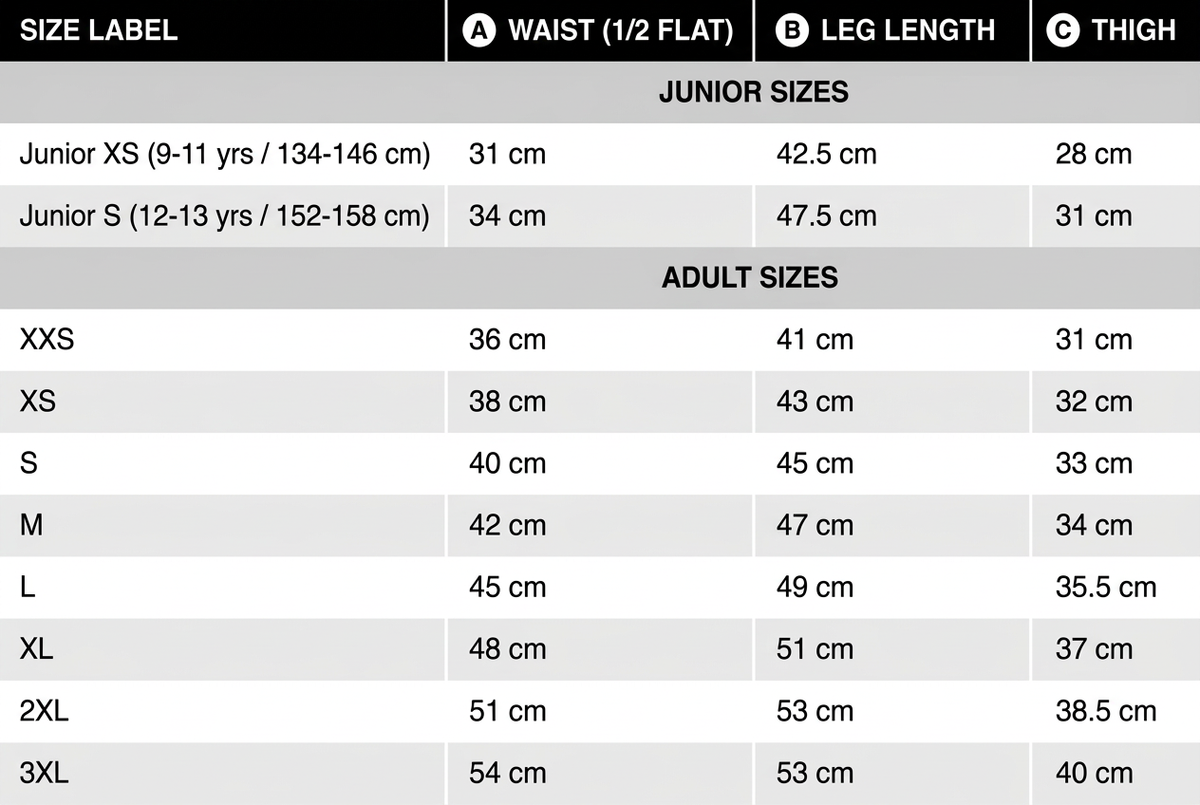 Organic shorts size chart with waist, leg length and thigh measurements in centimetres for junior XS and S and adult XXS to 3XL.